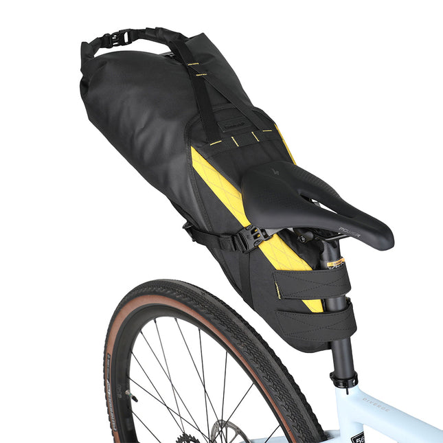 Wilderness Series yellow 14L waterproof harness saddle bag installed