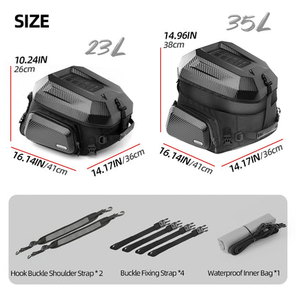 Expandable Hard Shell Motorcycle Tail Bag 23L-35L Waterproof Rear Seat Travel Bag