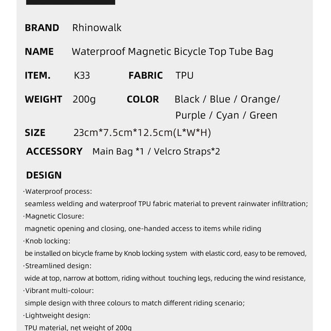 Waterproof Top Tube Bag with Magnetic Locking