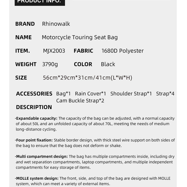 50–70L Motorcycle Tail Bag – Waterproof Touring Seat Bag