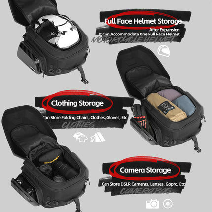 Expandable Hard Shell Motorcycle Tail Bag 23L-35L Waterproof Rear Seat Travel Bag