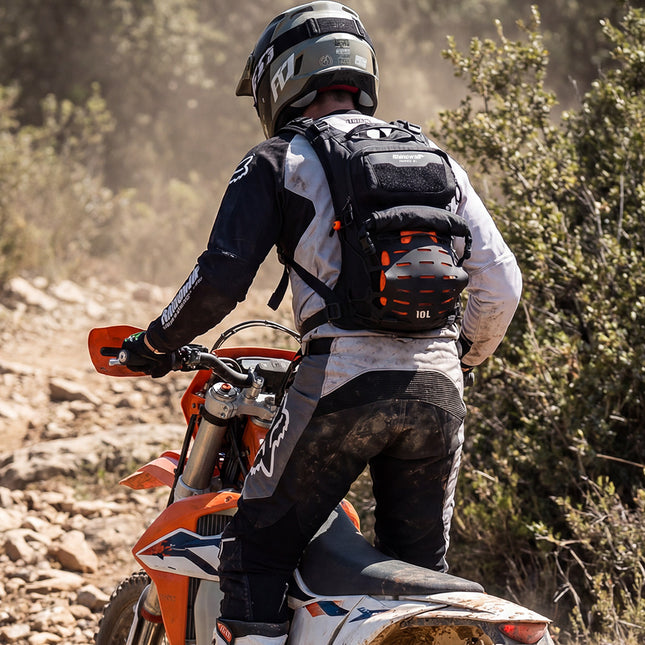 Adventure rider wearing the Rhinowalk Traverse Series 10L motorcycle backpack