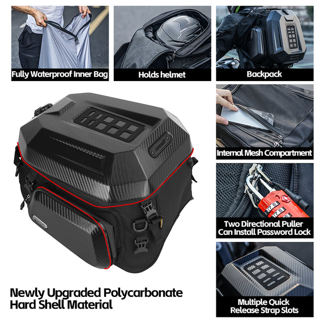 Expandable Hard Shell Motorcycle Tail Bag 23L-35L Waterproof Rear Seat Travel Bag