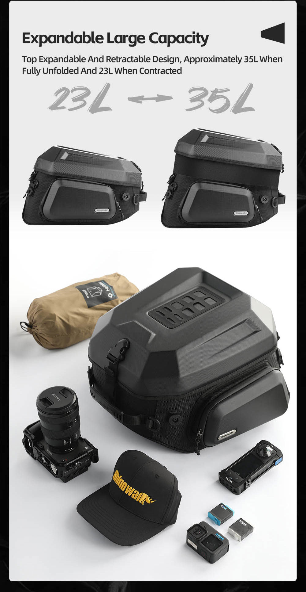 23L-35L ABS Hard Shell Tail  Bag with Expandable
