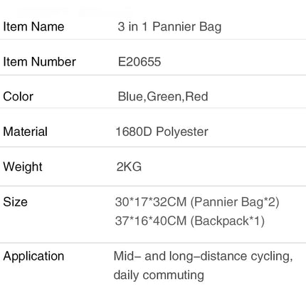 3 in 1 Bicycle Pannier Carrier Pack