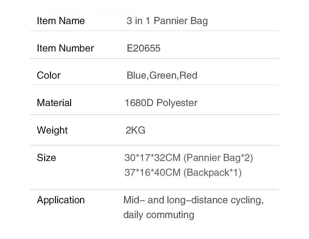 3 in 1 Bicycle Pannier Carrier Pack