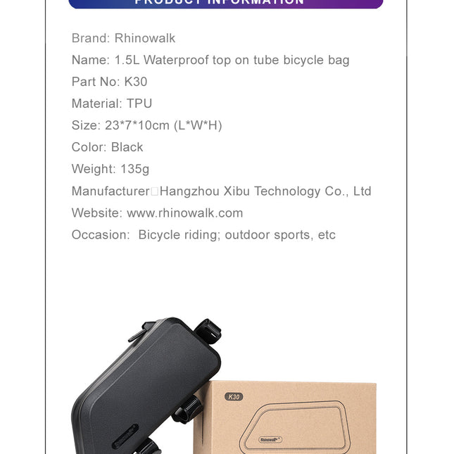 1.5 Liter Waterproof TPU Bike Top Tube Bag -K30
