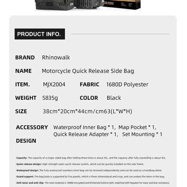 35L Motorcycle Side Bag – Quick Release Waterproof Saddlebag