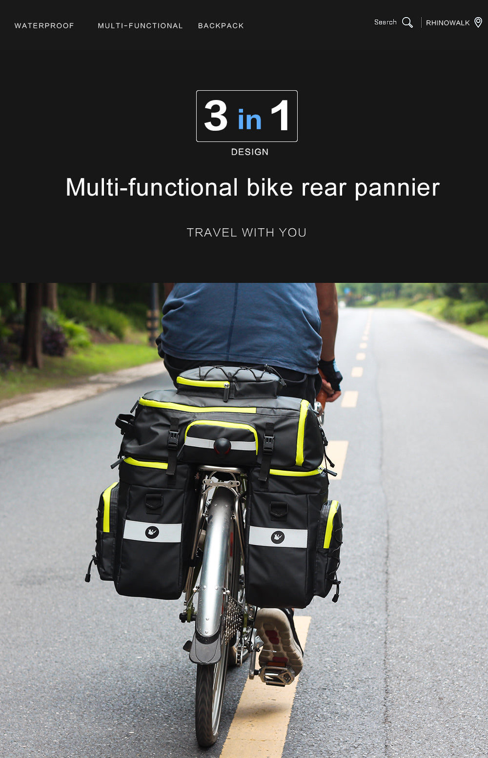 Rhinowalk Waterproof Bicycle Bag, 3-in-1 Rear Bicycle Bag, Bicycle Storage Bag with Rain Cover Rhinowalk Waterproof Bicycle Bag, 3-in-1 Rear Bicycle Bag, Bicycle Storage Bag with Rain Cover