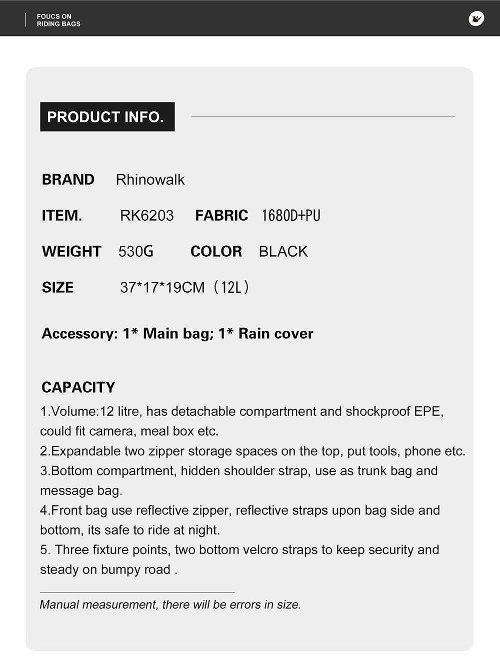 12 Liter Bike Rear Rack Pannier Bag