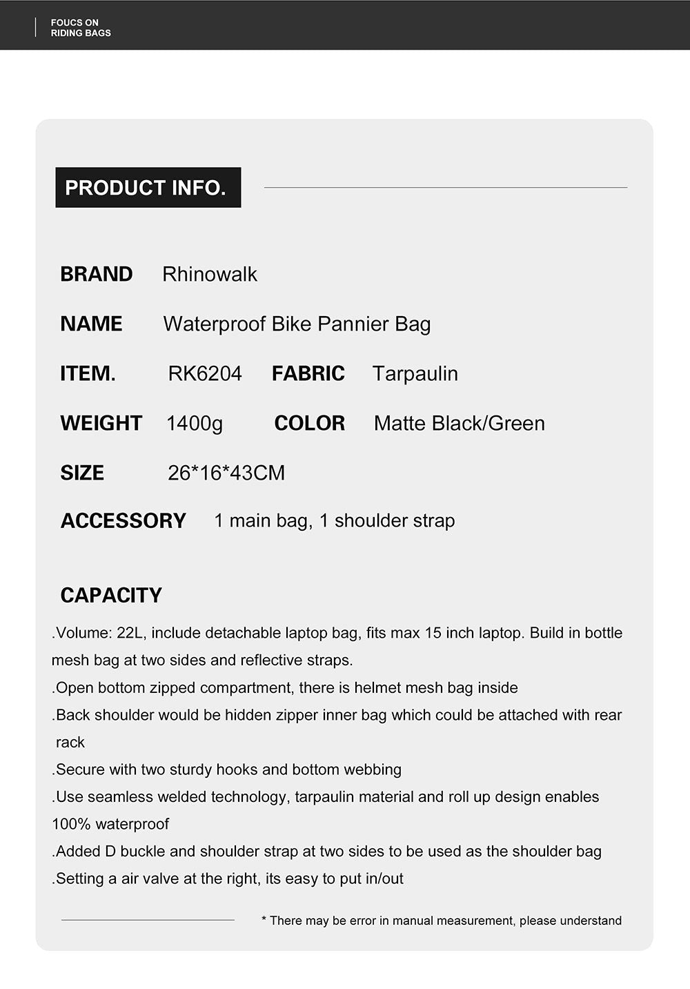 22L Waterproof Bike Pannier Bag Backpack