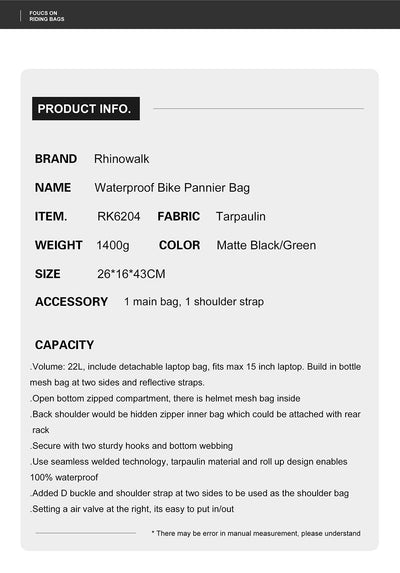 22L Waterproof Bike Pannier Bag Backpack