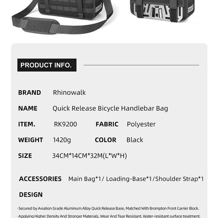 Quick release handlebar bag+mounting plate for Brompton Bikes