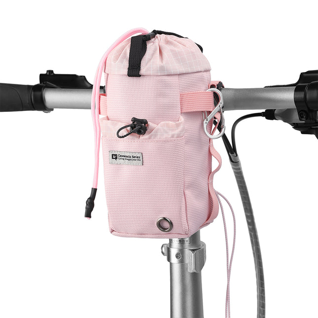 Rhinowalk Cosmopolis 1L bike bottle bag mounted on a handlebar