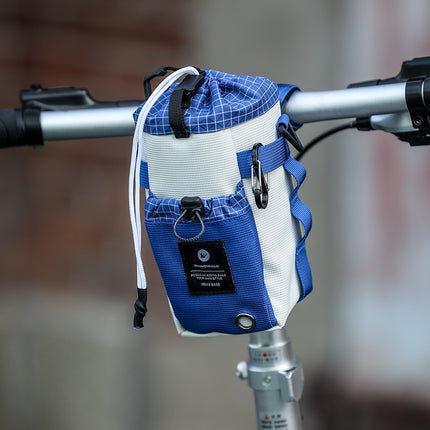 Blue and White BCT0214 bike bottle bag mounted on a bicycle