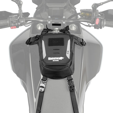 MJX2008WT secured to a motorcycle fuel tank using straps