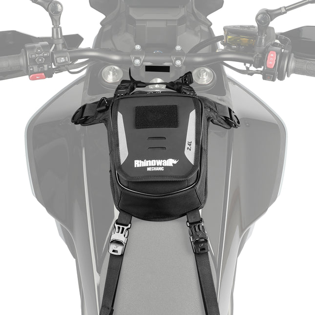 MJX2008WT secured to a motorcycle fuel tank using straps