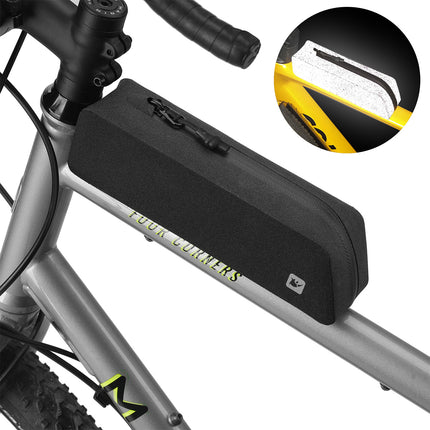 Black Rhinowalk K34 top tube bag bolted to a bicycle, with reflective fabric shown under direct light