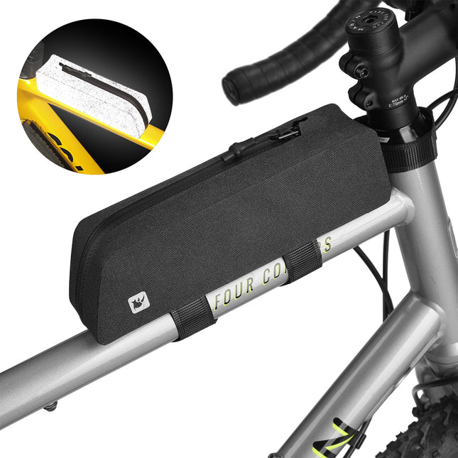 Black Rhinowalk K34 top tube bag secured with frame straps, with an inset showing its reflective finish