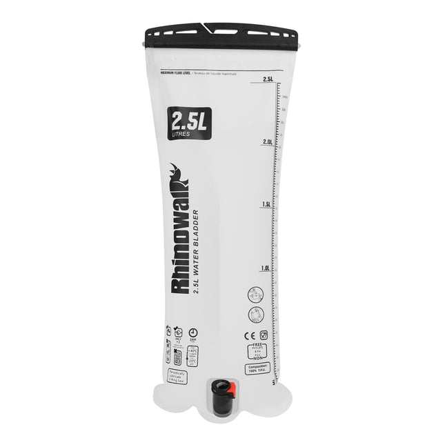 Rhinowalk 2.5L translucent hydration reservoir showing top closure and tube connection