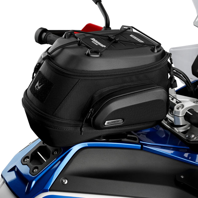 Black Rhinowalk MJX2014 tank bag mounted above a motorcycle fuel tank