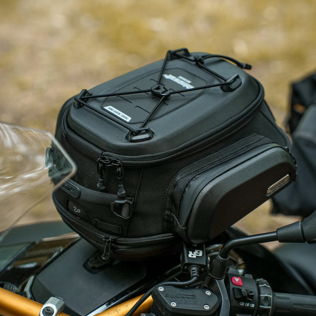 Top view of the MJX2014 tank bag installed on a motorcycle