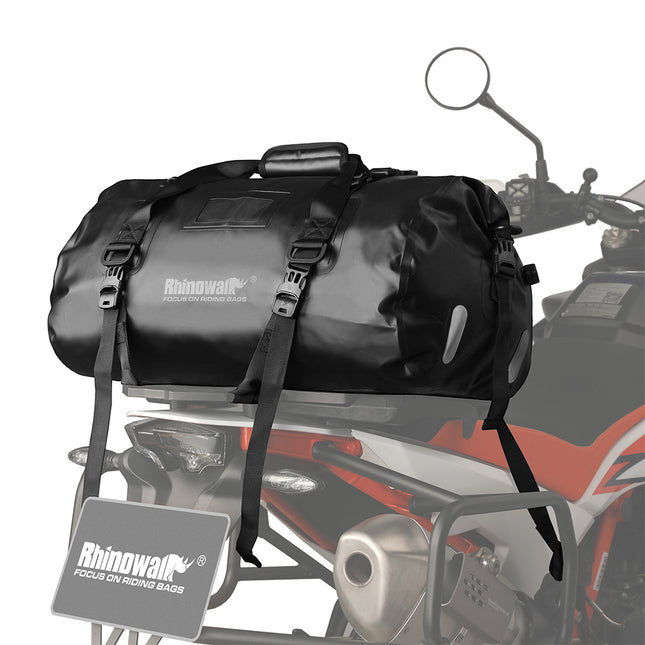 Black Rhinowalk MT20450 45L waterproof motorcycle duffle bag installed