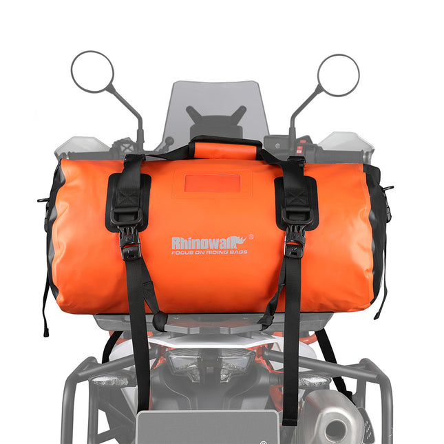 Orange Rhinowalk MT20450 45L waterproof motorcycle duffle bag rear view
