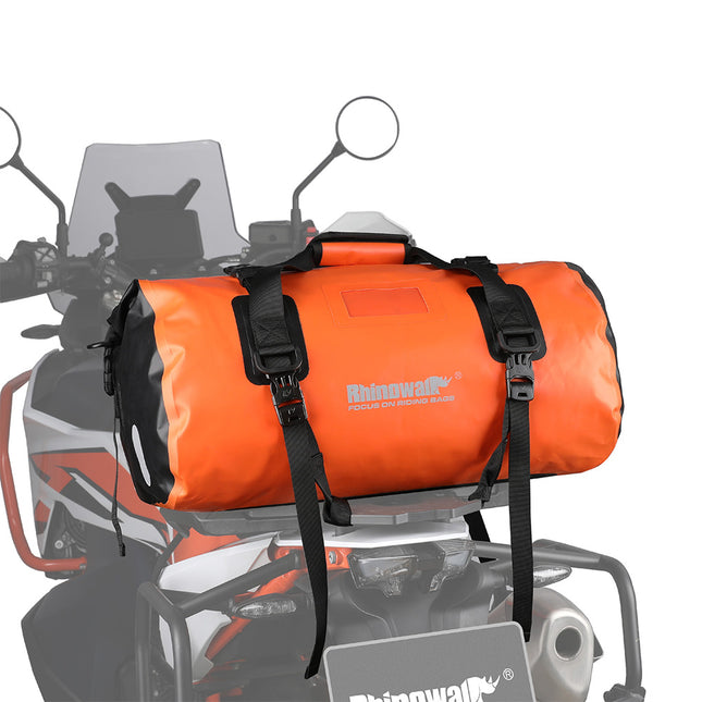 Orange MT20450 motorcycle tail bag angled installed view