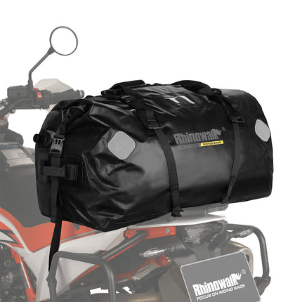 Black MT20650 waterproof motorcycle tail bag installed on rear seat