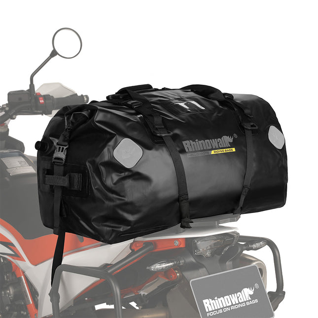 Black MT20650 waterproof motorcycle tail bag installed on rear seat
