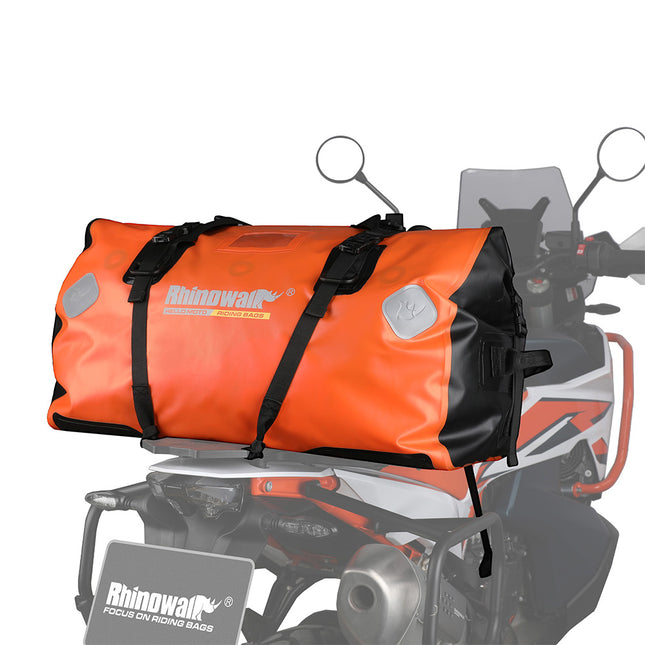 Orange MT20650 65L motorcycle duffle bag angled view