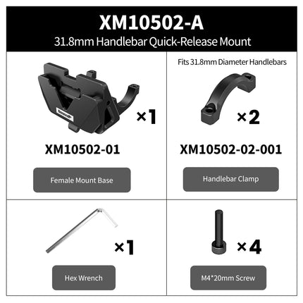 XM10502-A 31.8mm Handlebar Quick-Release Mount — kit contents