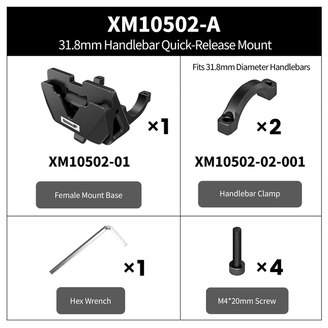 XM10502-A 31.8mm Handlebar Quick-Release Mount — kit contents