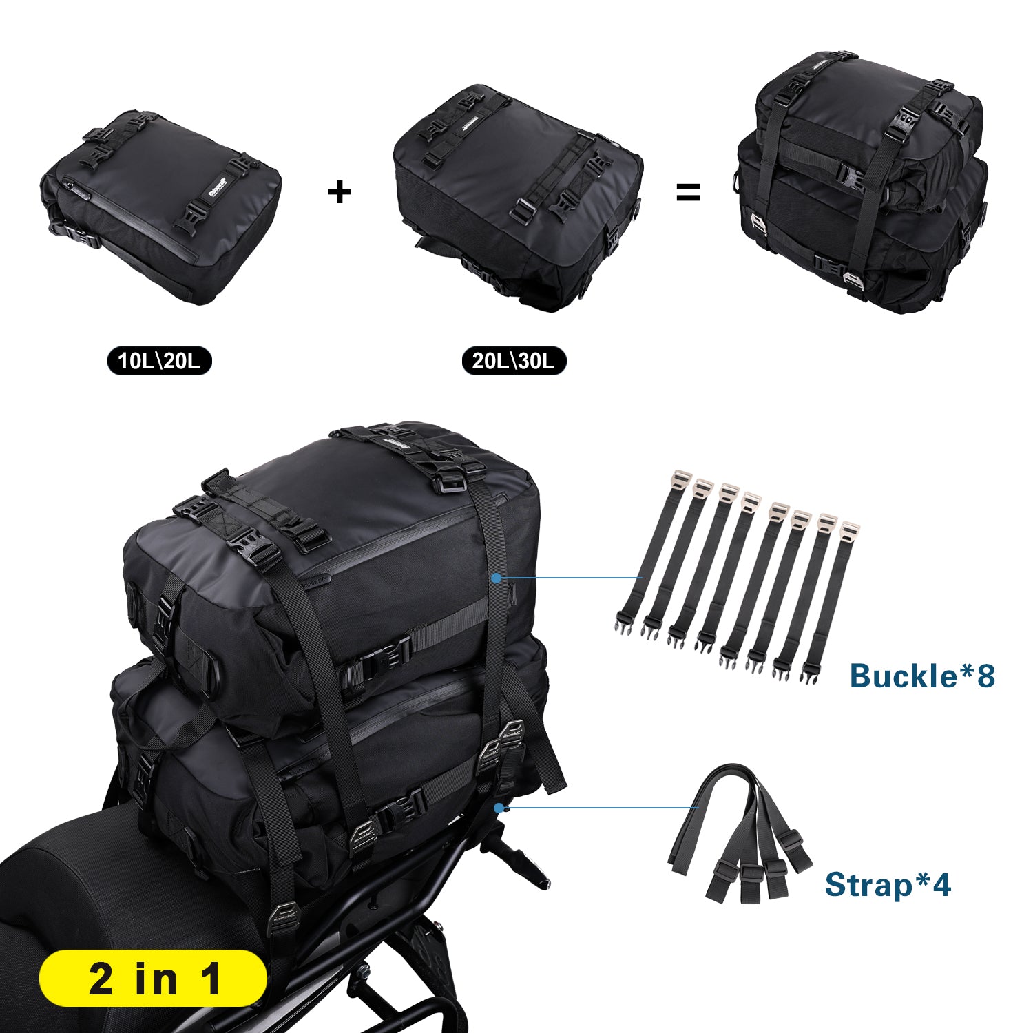 Rhinowalk Motor Pannier Bag 10/20/30L Multifunctional Waterproof Rear Rack  Trunk Motorcycle Seat Bag, Black 20L