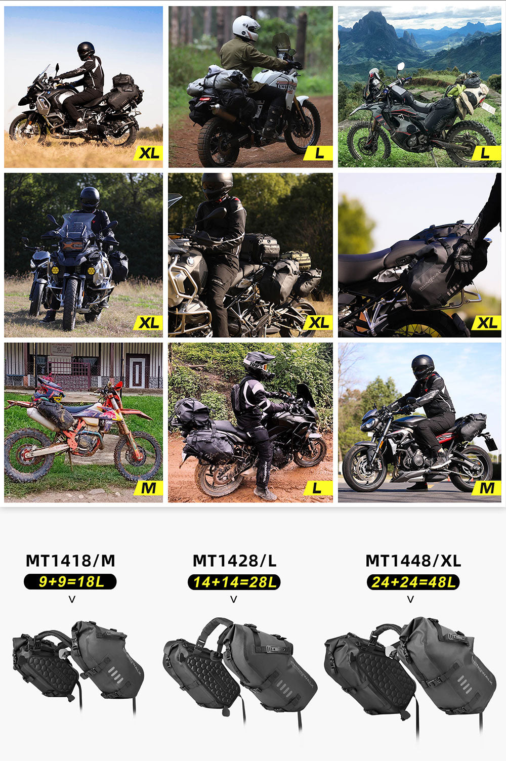 Rhinowalk Motorcycle Saddle Bags Waterproof Anti-Vibration Motor Side Bags  Shoulder Bag Motorbike Panniers 18L(9L*2) for Most Adventure and Sport Bike