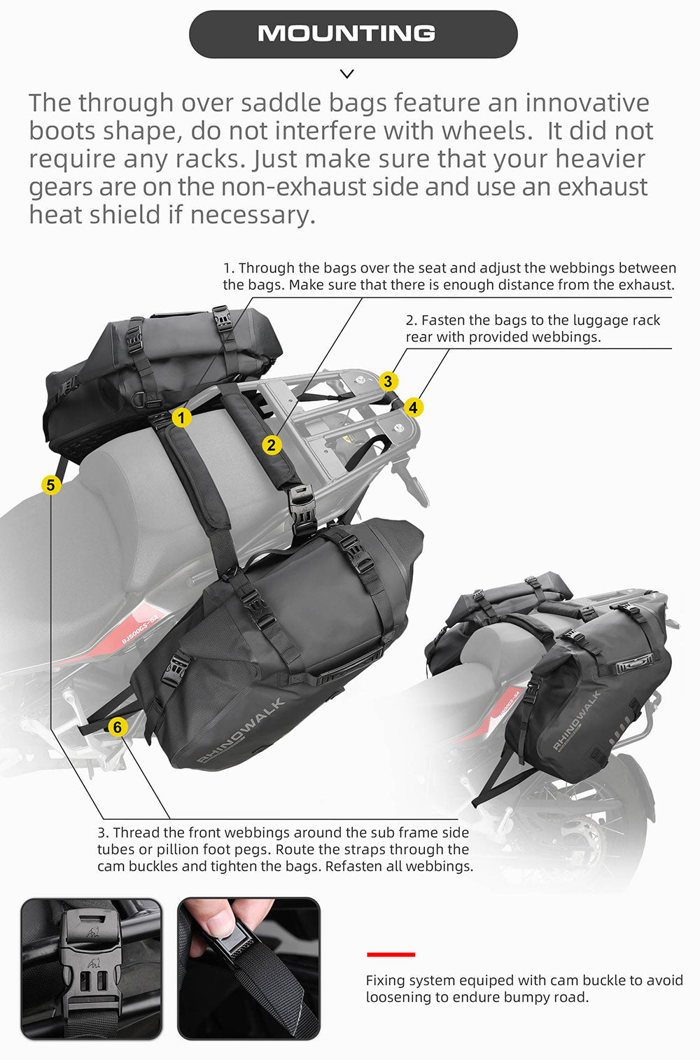 Rhinowalk Motorcycle Saddle Bags Motor Expandable Cargo Bag Powersports  Rack Bag Trunk Luggage Bag 35L-50L, Black 