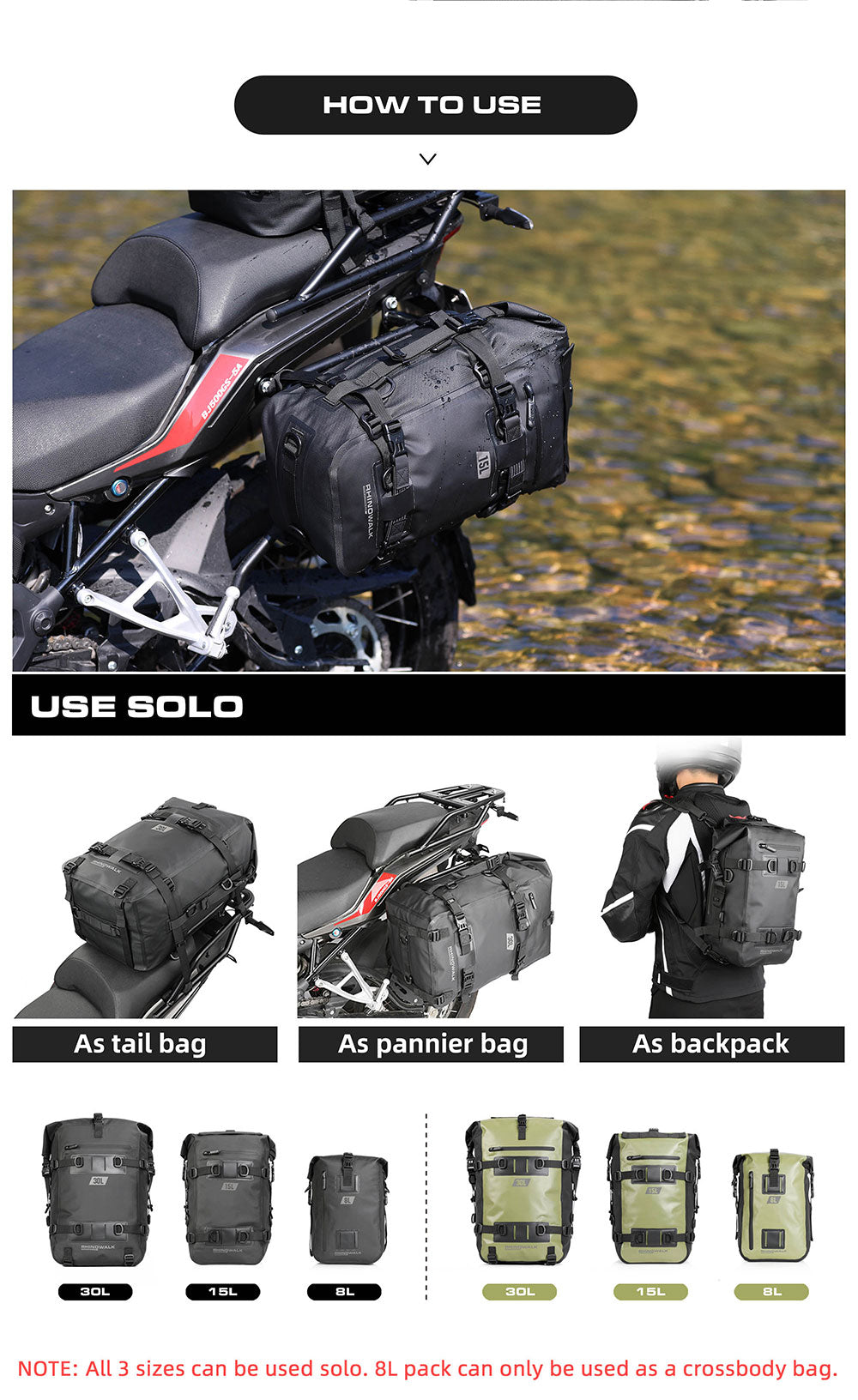 Waterproof Modular Motorcycle Packs 8L/15L/30L – Rhinowalk Official Store